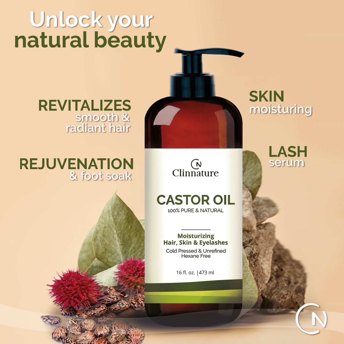 Clinnature Castor Oil 100% Pure & Natural | Cold Pressed & Hexane-Free - Promotes Growth Eyelashes, Eyebrows, Hair.