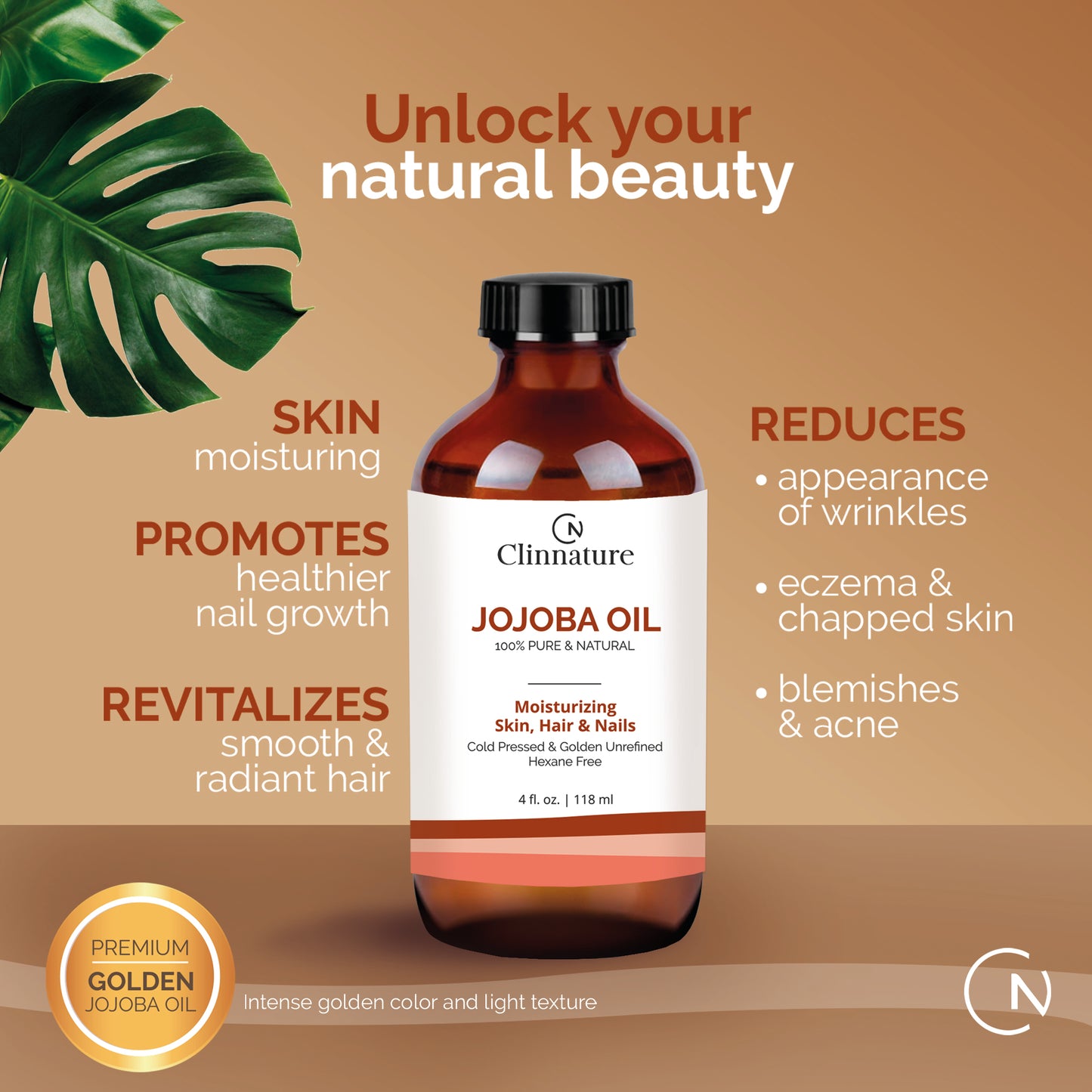 Clinnature Jojoba Golden Oil 100% Pure & Natural | Cold Pressed | Hexane-Free | For Hair & Skin & Nails, Dermaplaning & Anti-aging