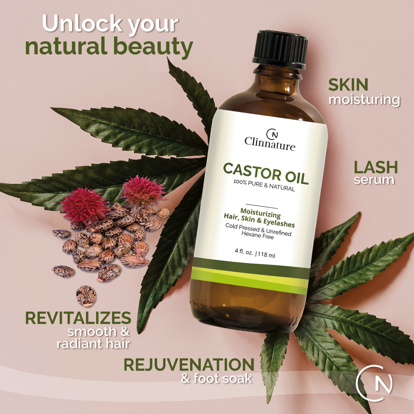 Clinnature Castor Oil 100% Pure & Natural | Cold Pressed & Hexane-Free | Promotes Growth Eyelashes, Eyebrows, Hair